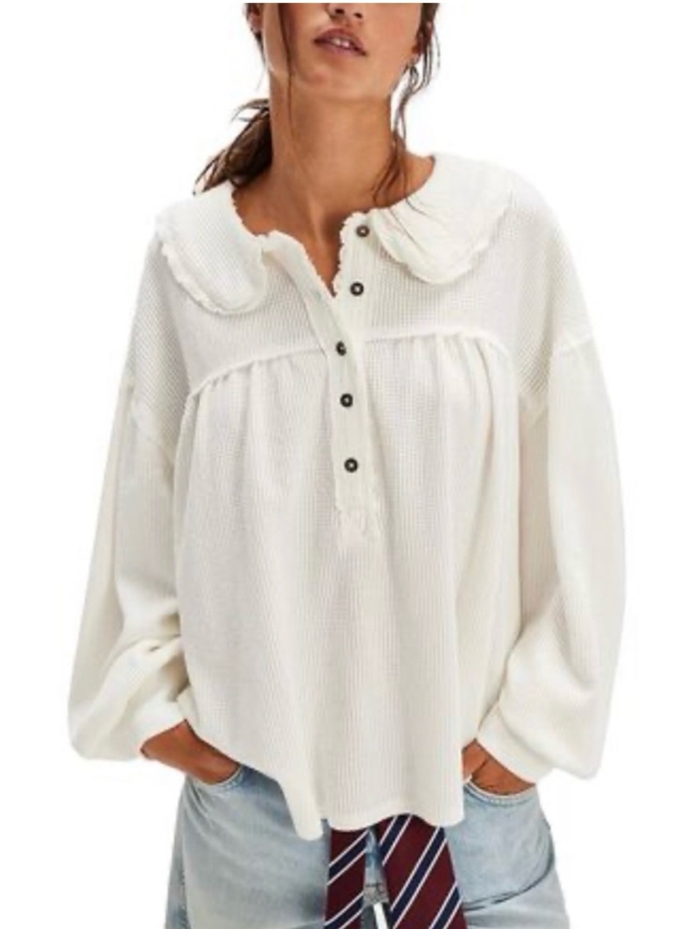 Free People We the Free Queen of Hearts Thermal Top Waffle Knit Ivory Boho M